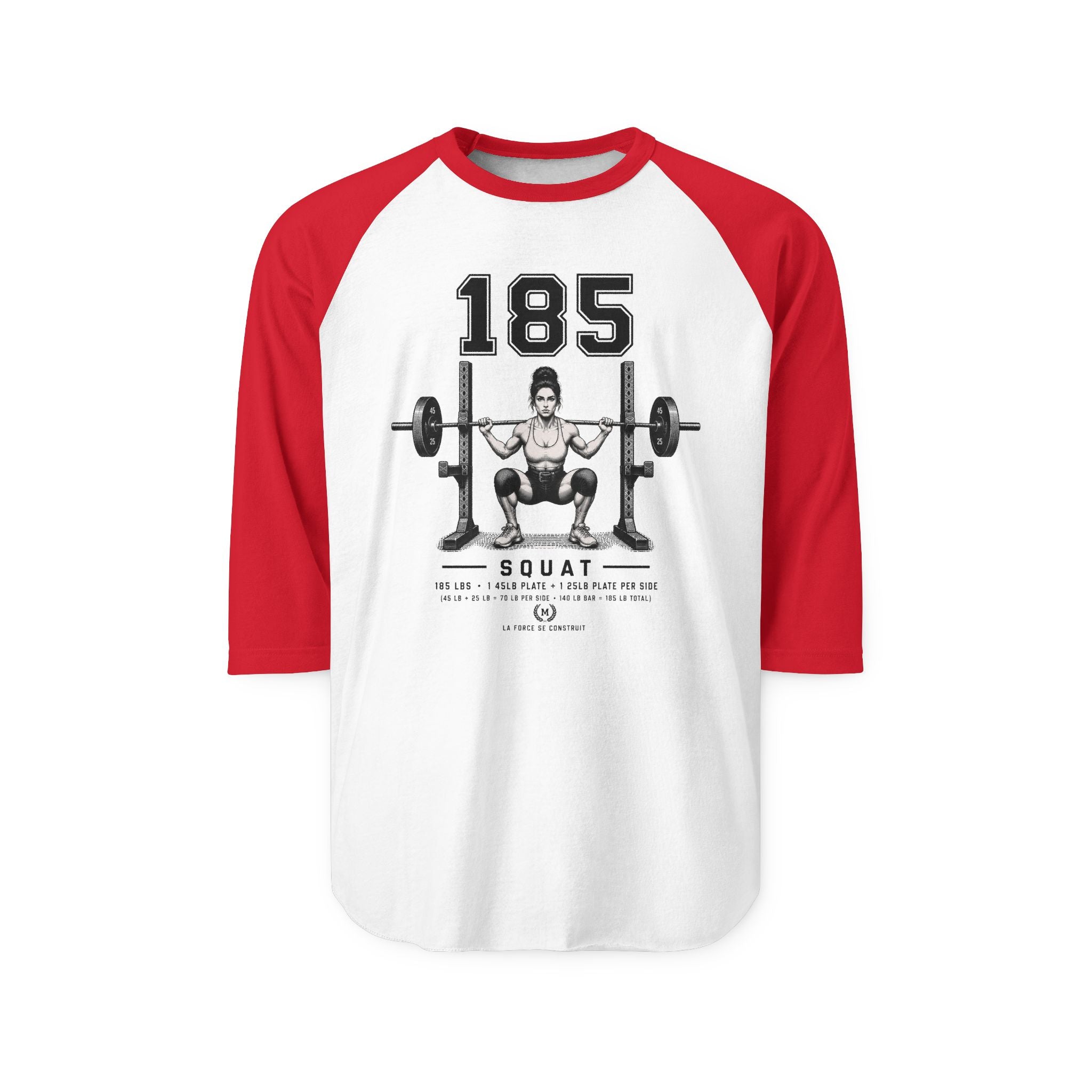 185 Squat Barbell Illustration Raglan Shirt | Weightlifting Workout Tee
