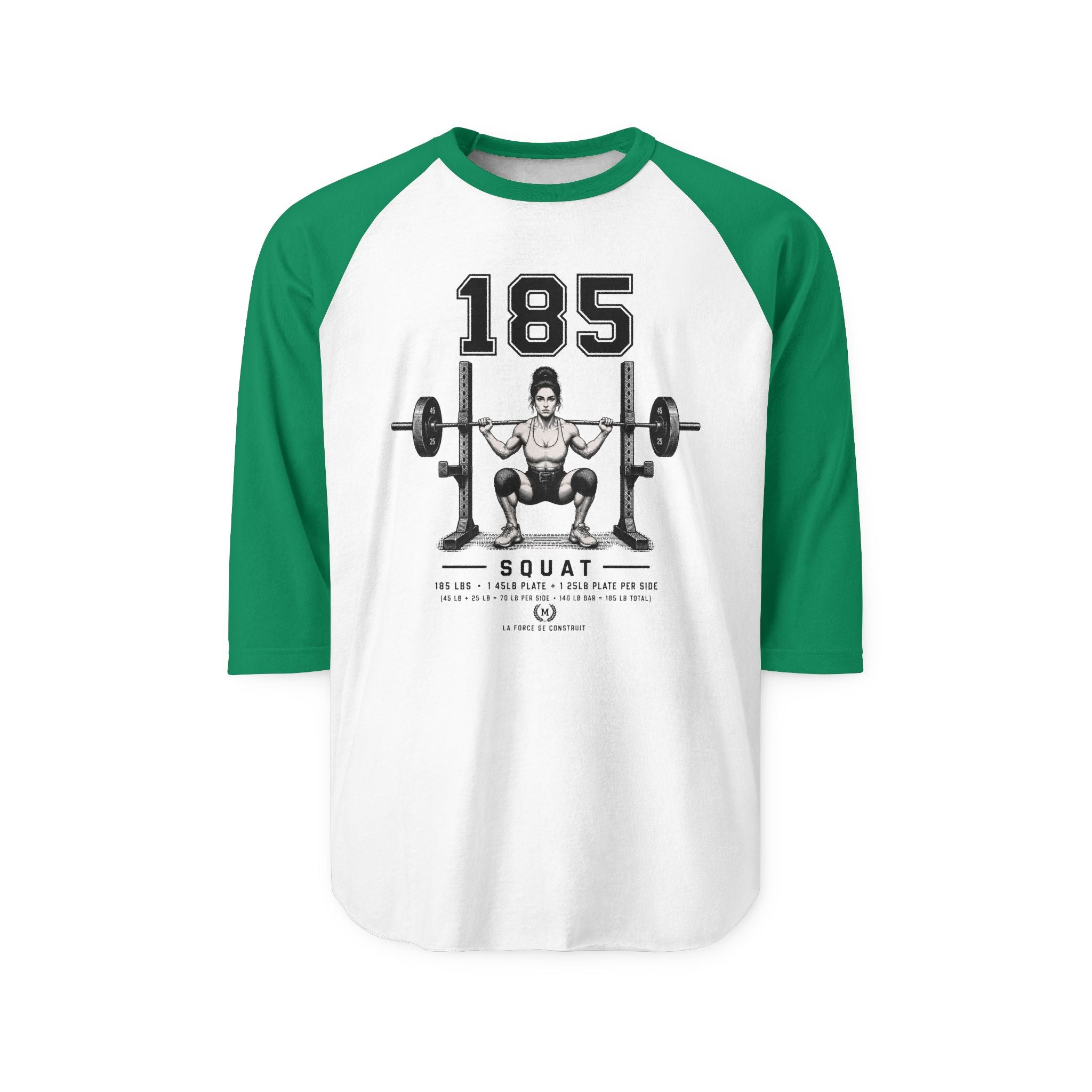 185 Squat Barbell Illustration Raglan Shirt | Weightlifting Workout Tee